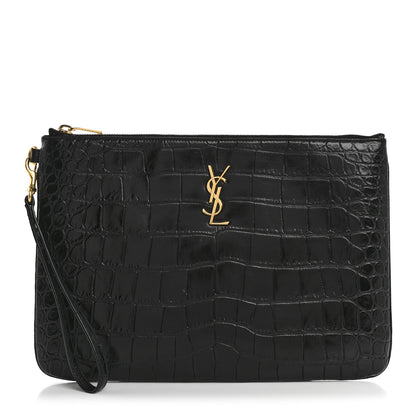 Saint Laurent Calfskin Crocodile Embossed Tablet Pouch Black 1 of 9