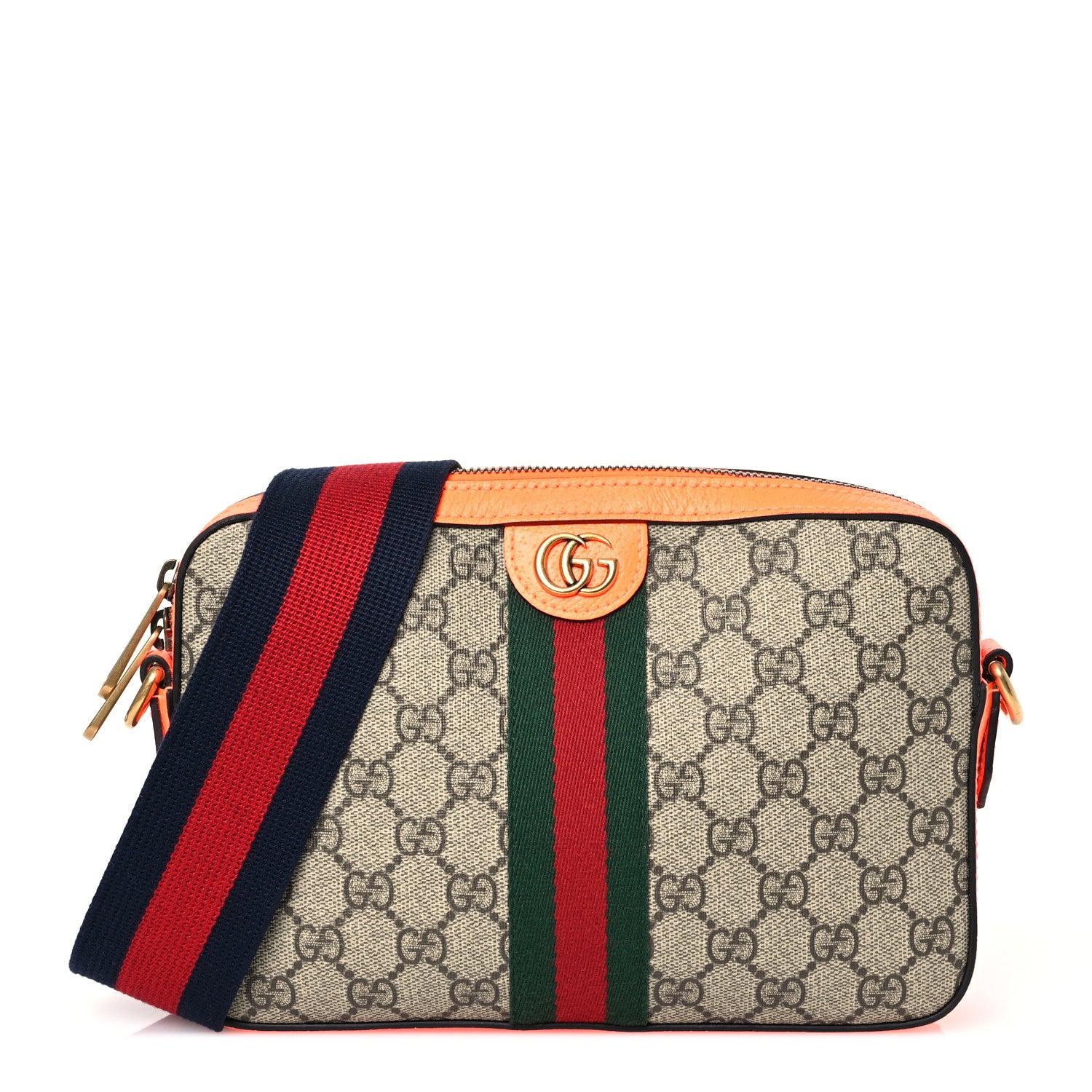 Gucci GG Supreme Monogram Textured Dollar Calfskin Web Ophidia Wristlet Shoulder Bag Beige Ebony Orange 1 of 12