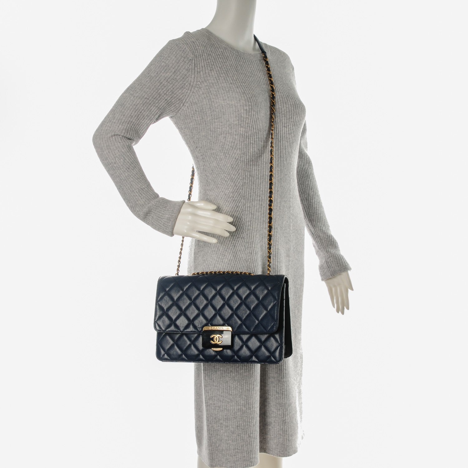 Chanel Sheepskin Quilted Large Beauty Lock Flap Navy Blue 2 of 7