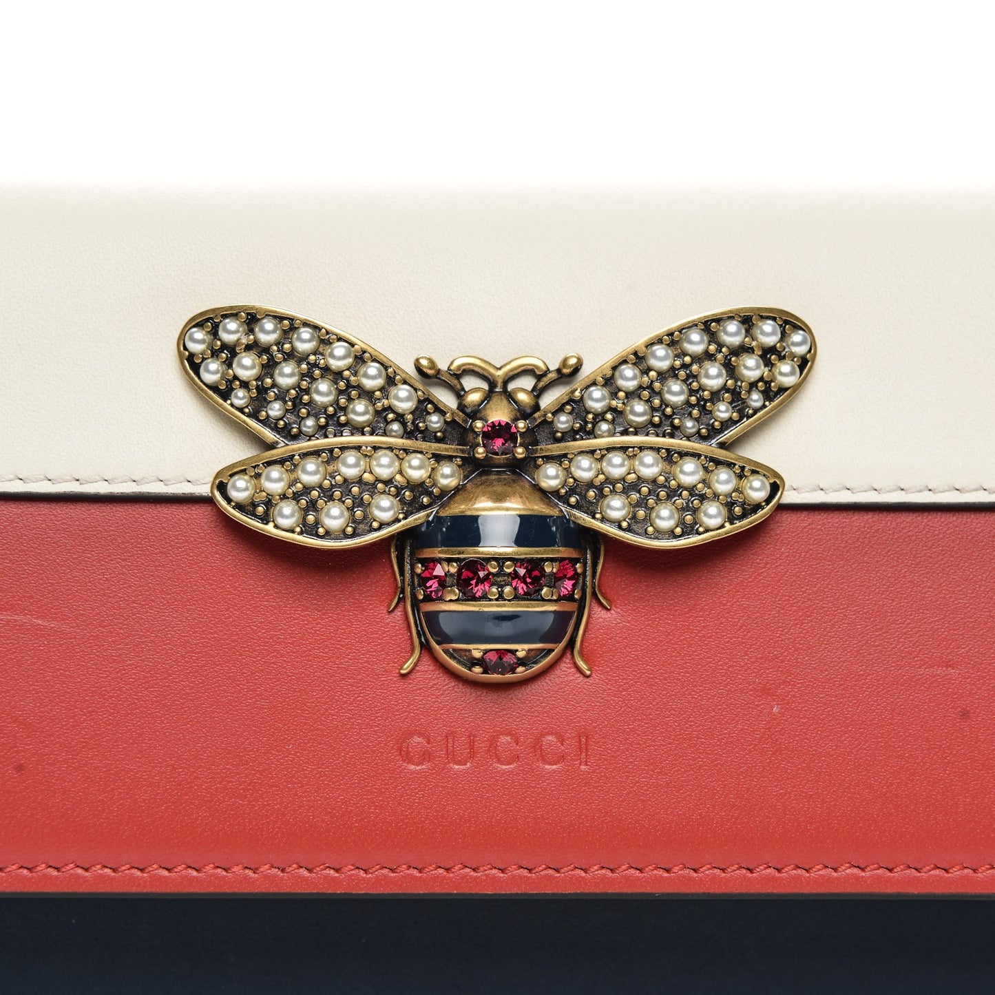 Calfskin Queen Margaret Chain Wallet Blue Agata Hibiscus Red Mystic White