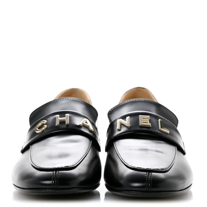 Chanel Shiny Calfskin Logo Loafers 39.5 Black 3 of 10