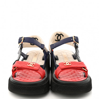 Chanel Lambskin Logo Platform Sandals 37.5 Red Black Ivory Navy Blue 2 of 9