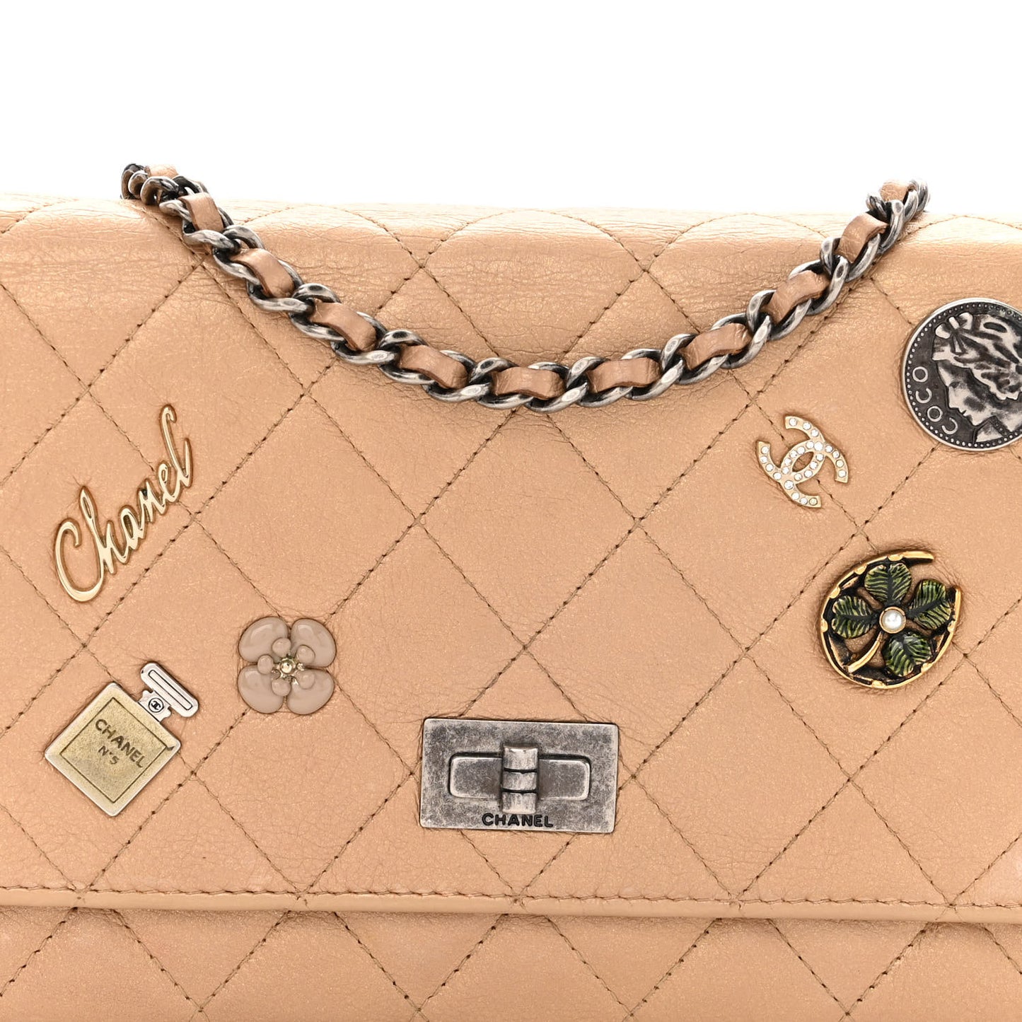 Metallic Calfskin Lucky Charms Casino 2.55 Reissue Wallet On Chain WOC Beige