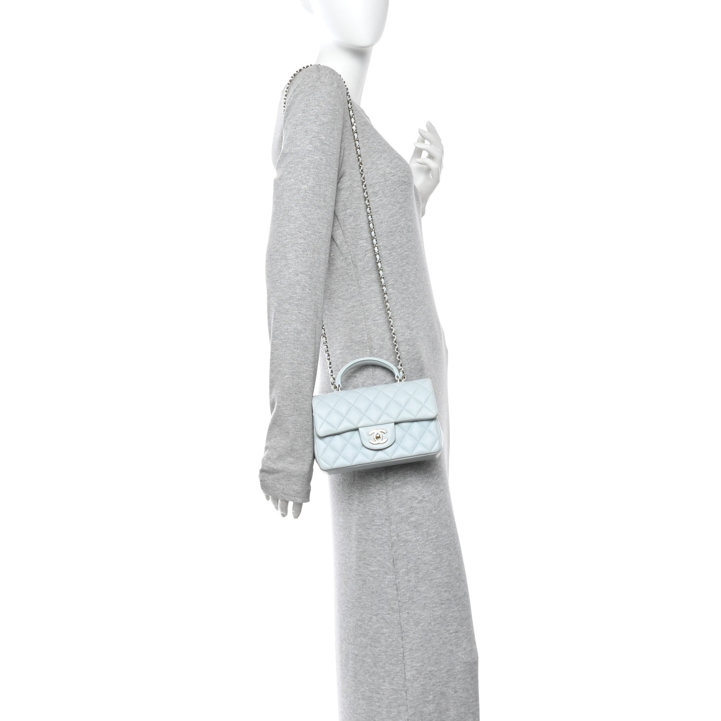 Lambskin Quilted Mini Top Handle Rectangular Flap Light Blue