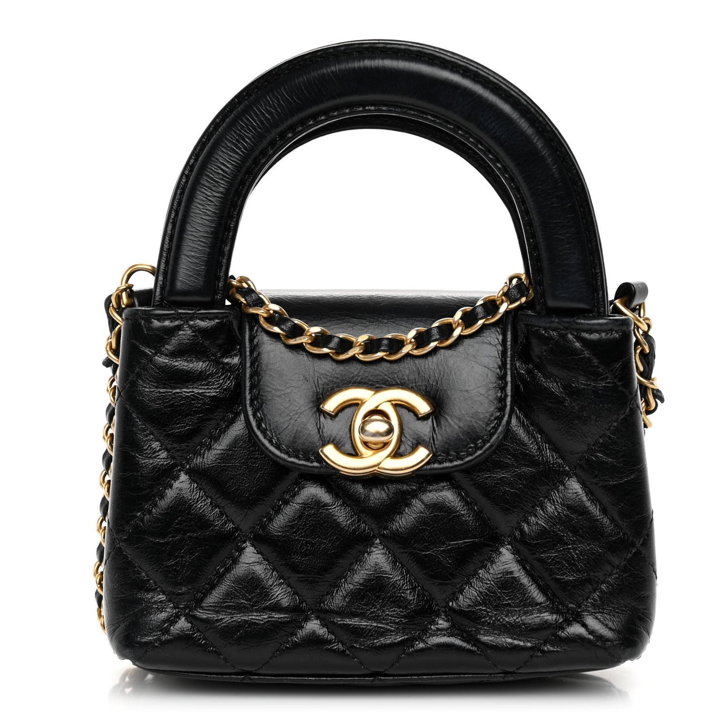 Shiny Aged Calfskin Quilted Mini Nano Kelly Shopper Black