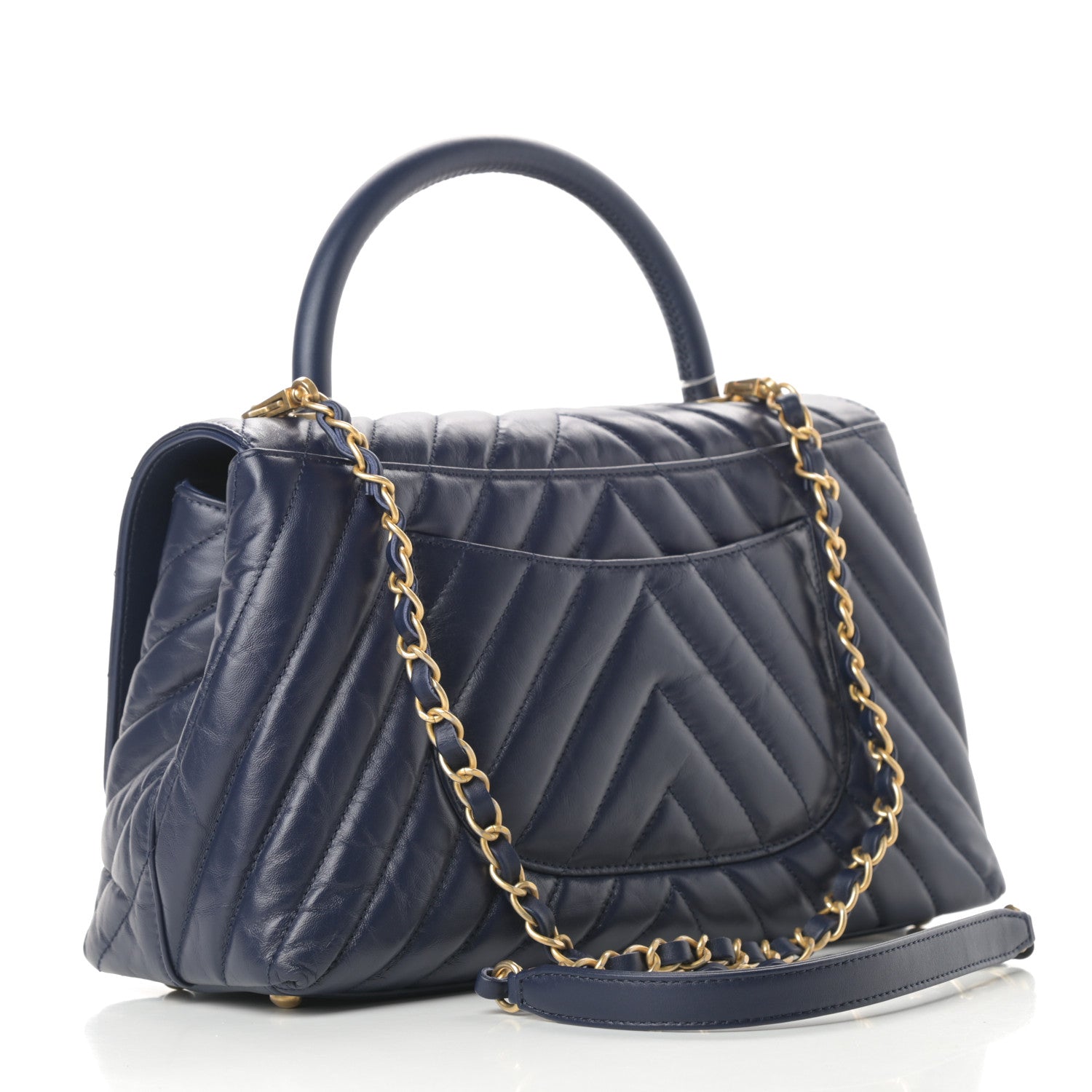 Chanel Aged Calfskin Chevron Quilted Small Coco Handle Flap Navy 3 of 11