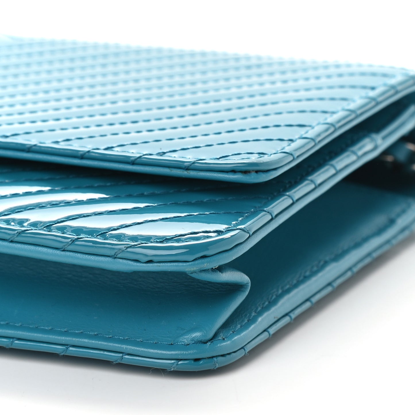 Patent Calfskin Chevron Quilted Wallet On Chain WOC Blue