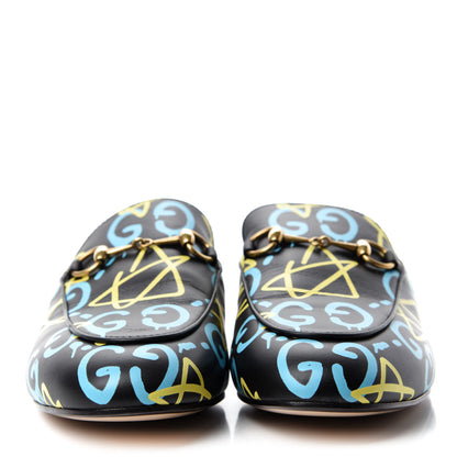 Gucci Calfskin GucciGhost Print Womens Princetown Slippers 38.5 Black New Acquamarine 2 of 10