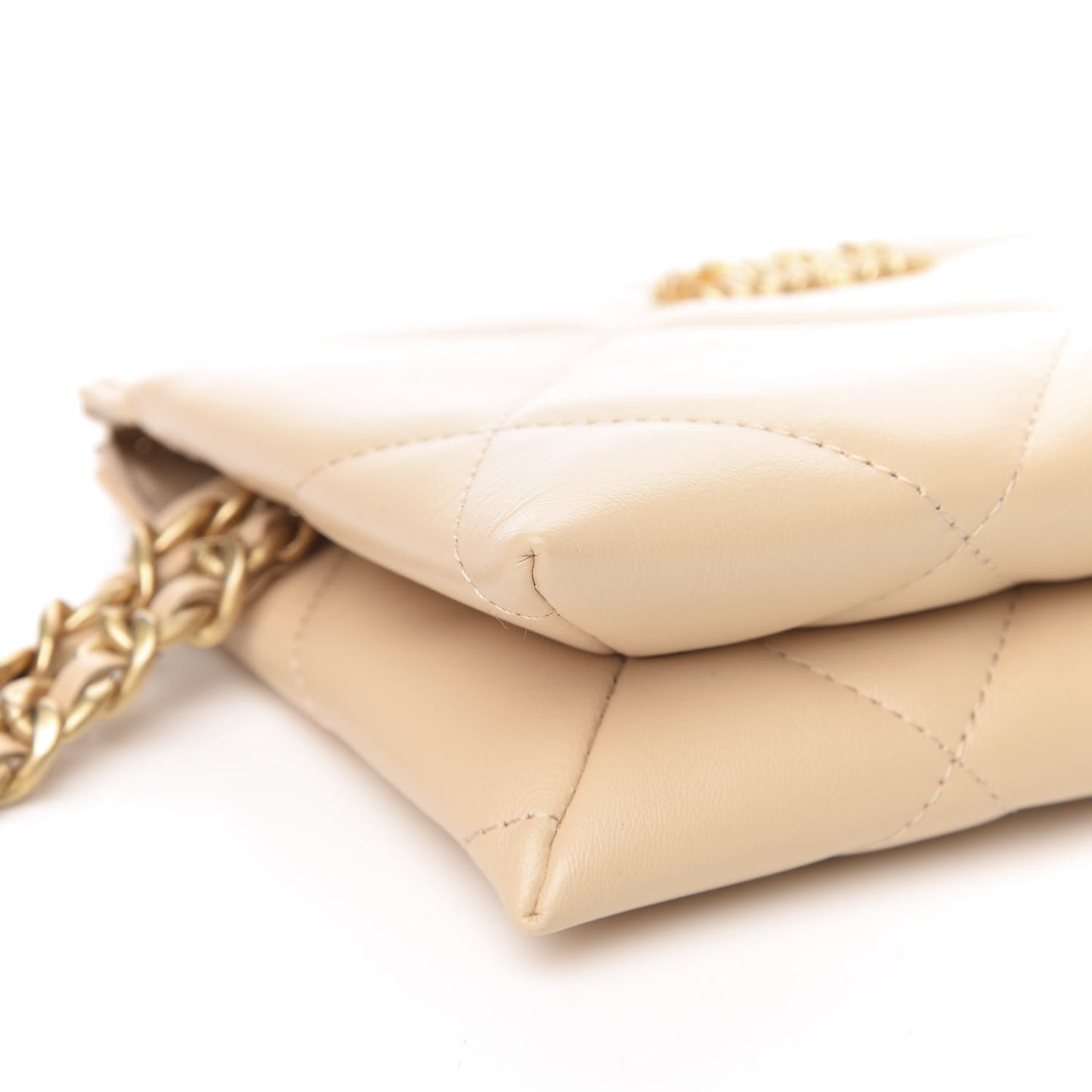 Shiny Goatskin Quilted 19 Small Pouch With Handle Beige