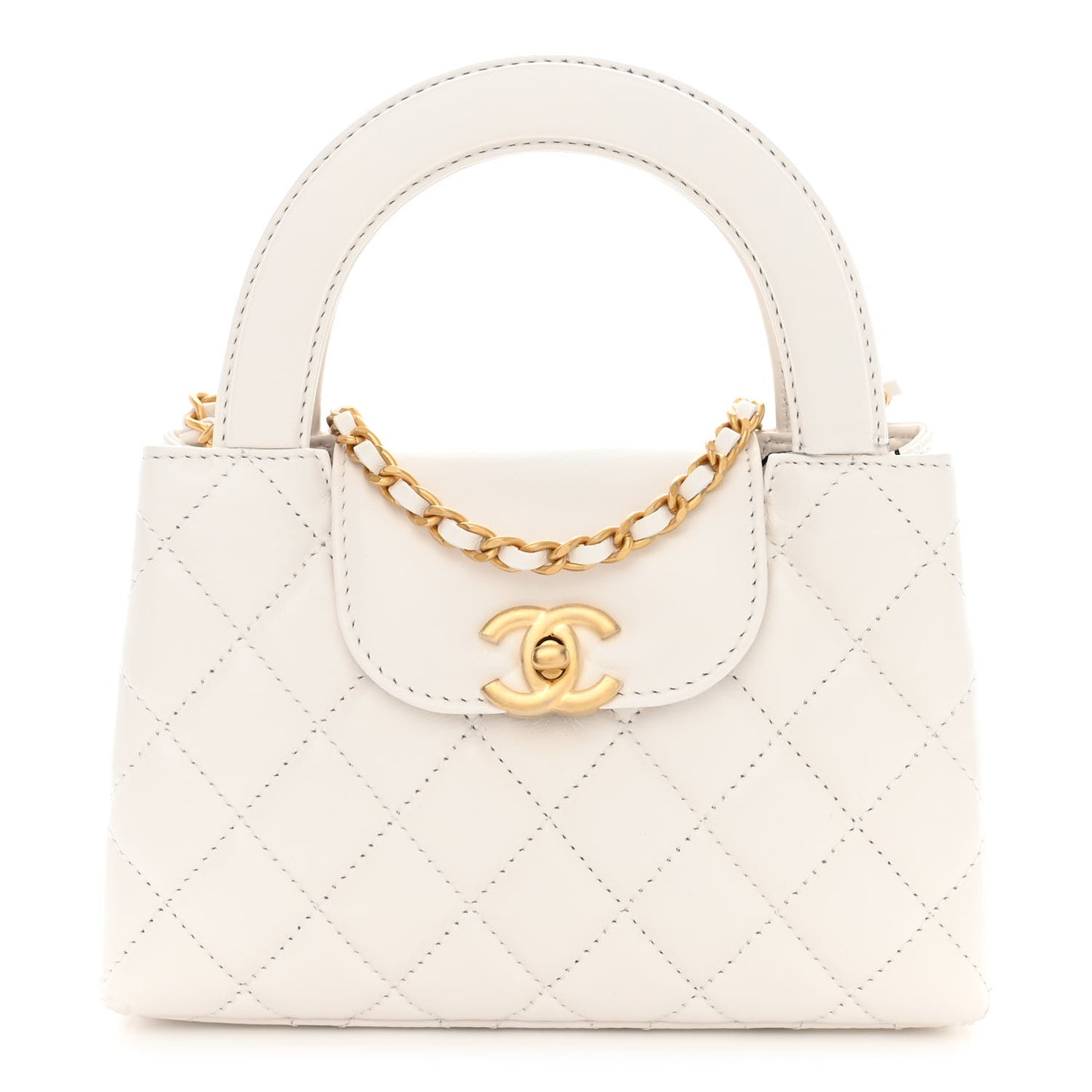 Shiny Aged Calfskin Quilted Nano Kelly Shopper White