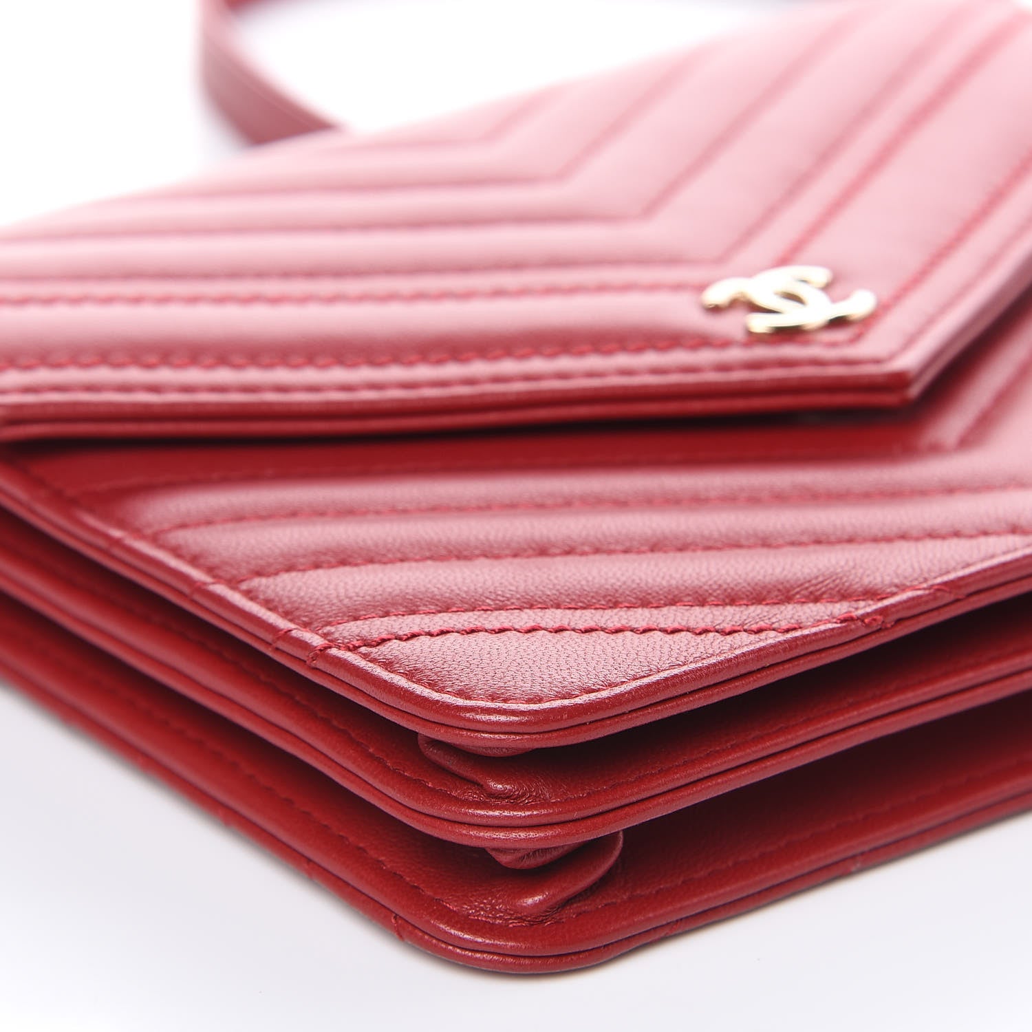 Chanel Lambskin Chevron Quilted Square Wallet On Chain WOC Red 9 of 11