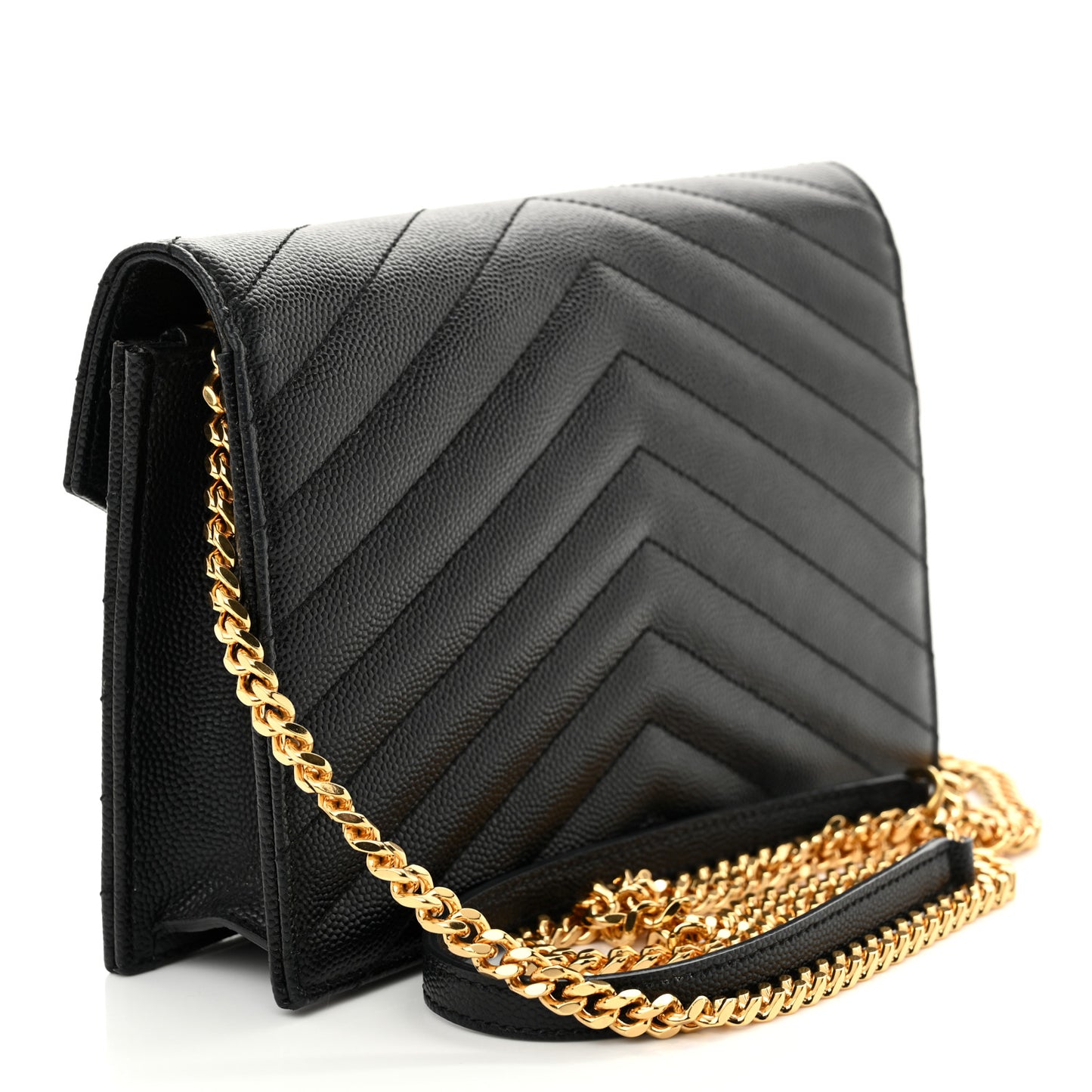 Grain De Poudre Matelasse Chevron Monogram Envelope Chain Wallet Black