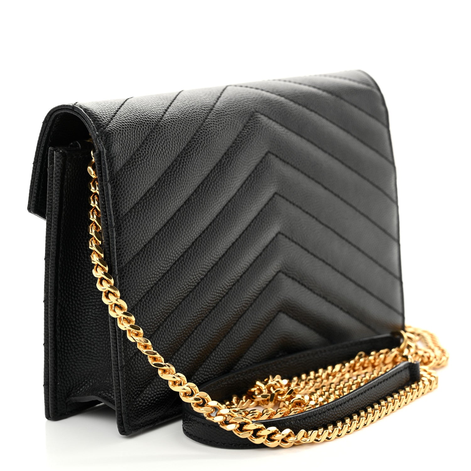Saint Laurent Grain De Poudre Matelasse Chevron Monogram Envelope Chain Wallet Black 3 of 15