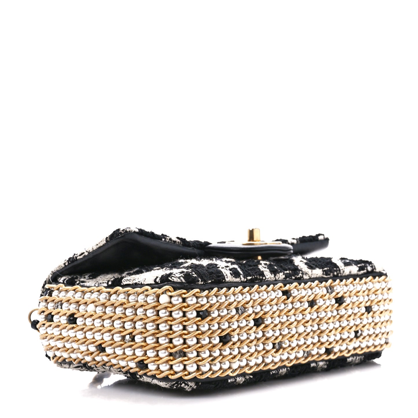 Tweed Quilted Mini Side Pearl Flap Bag Black Ecru White