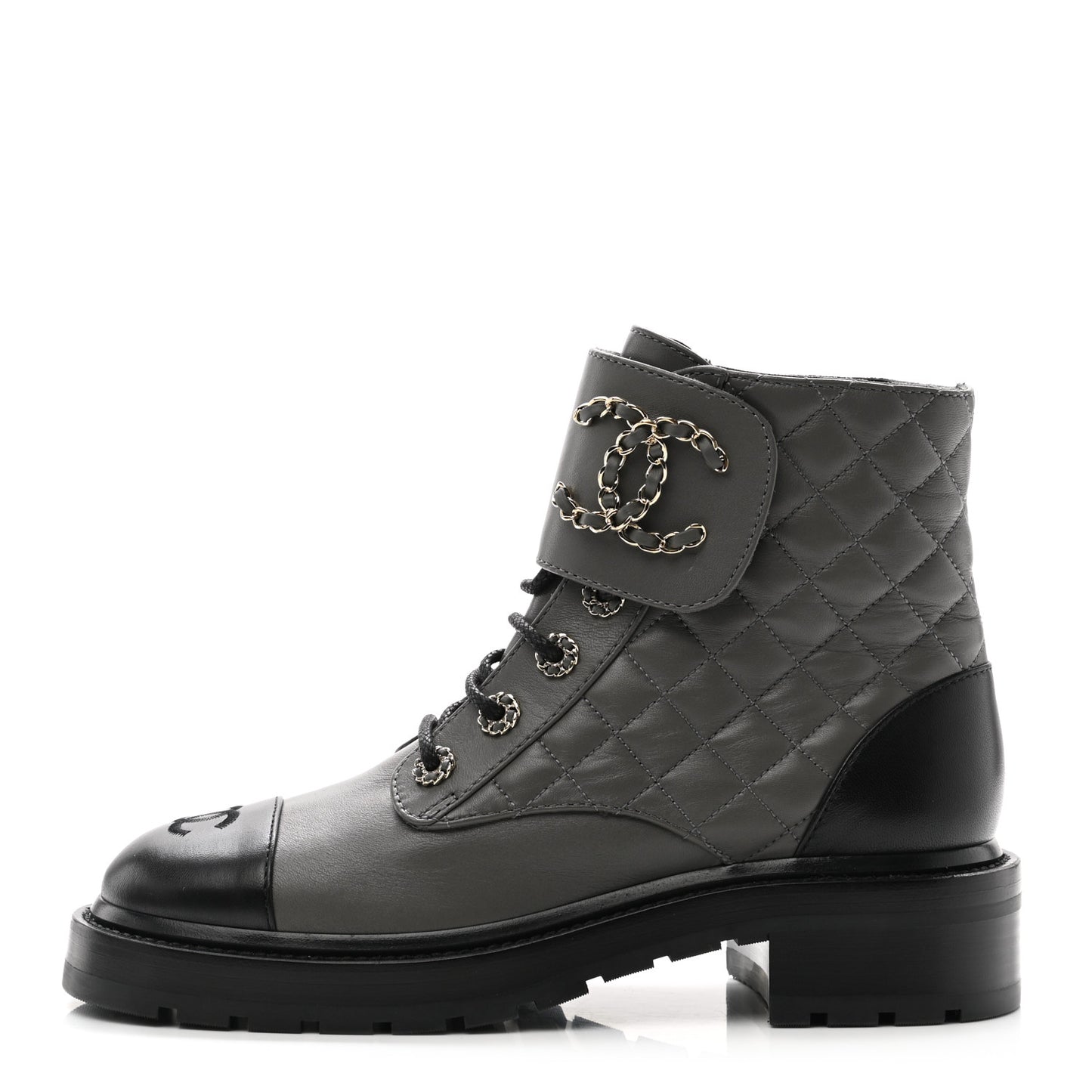 Shiny Lambskin Quilted Lace Up Combat Boots 38.5 Grey Black