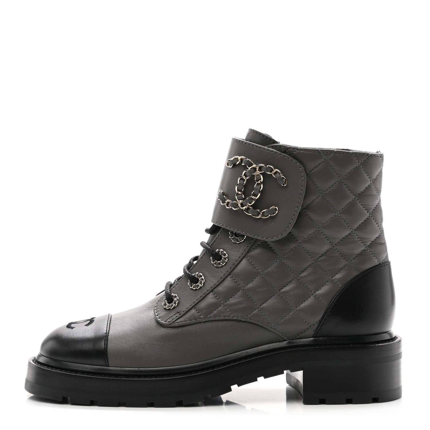 Chanel Shiny Lambskin Quilted Lace Up Combat Boots 38.5 Grey Black 1 of 11