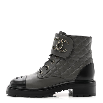 Chanel Shiny Lambskin Quilted Lace Up Combat Boots 38.5 Grey Black 1 of 11