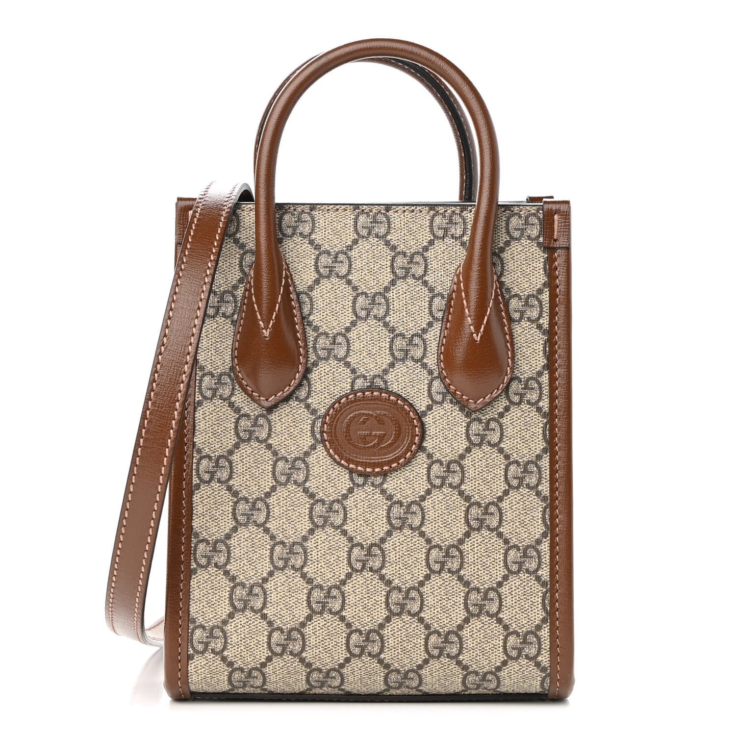 GG Supreme Monogram Azalea Calfskin Mini Retro Interlocking G Tote Bag Beige Ebony Brown Sugar