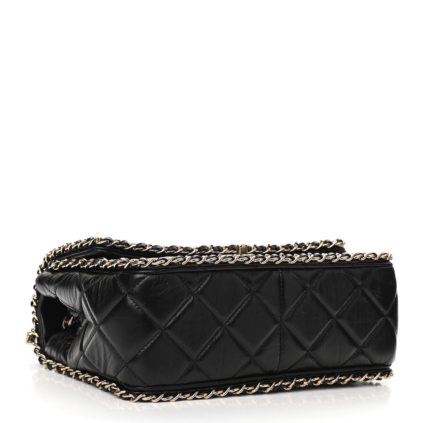 Crumpled Calfskin Quilted Large Chain All Over Flap Bag Black