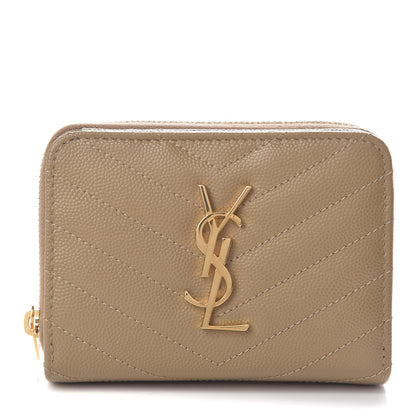 Saint Laurent Grain De Poudre Matelasse Chevron Monogram Compact Zip Around Wallet Dark Latte 1 of 8