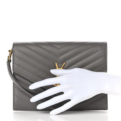 Saint Laurent Grain De Poudre Matelasse Chevron Monogram Envelope Clutch Fog 2 of 8