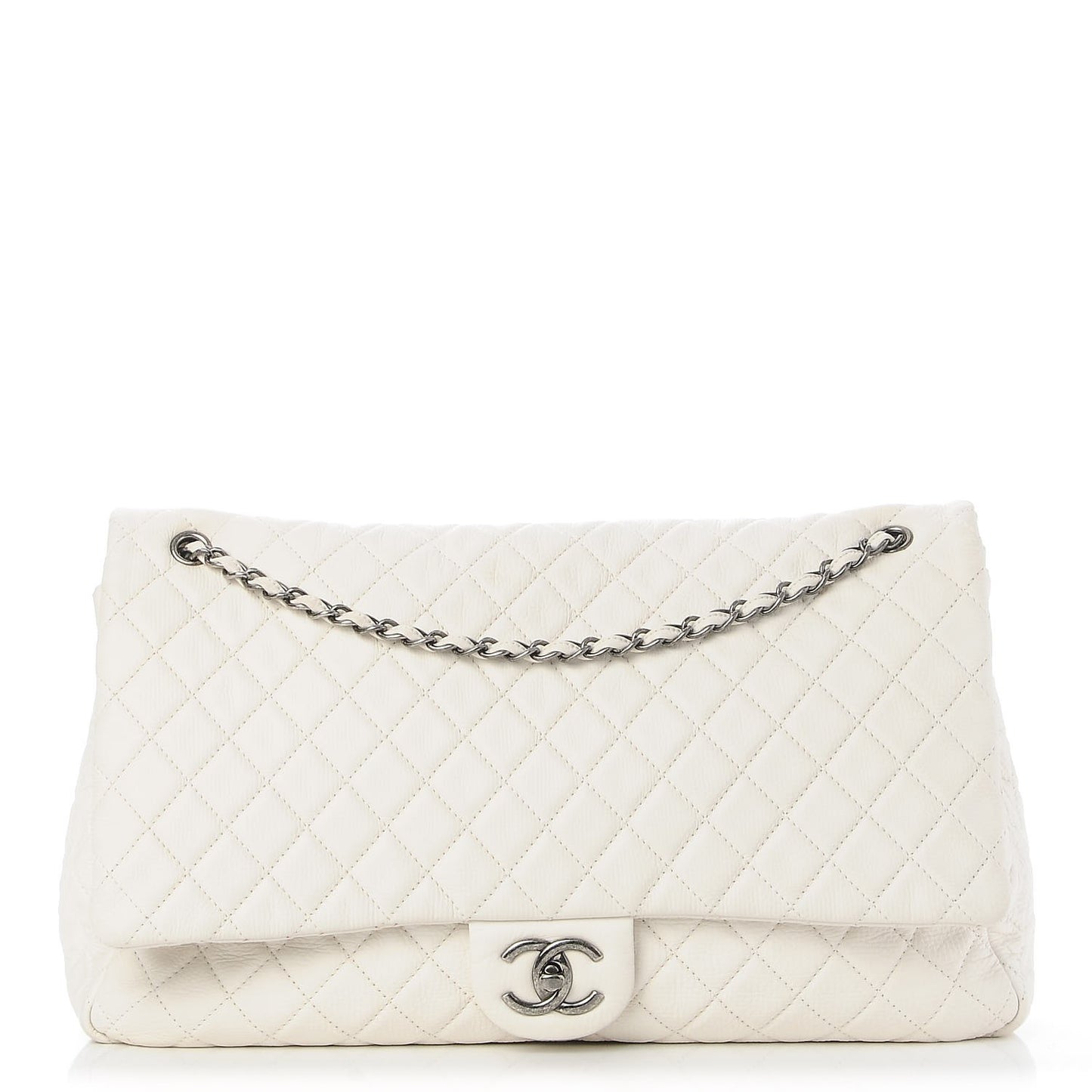 Calfskin Quilted XXL Travel Flap Bag White