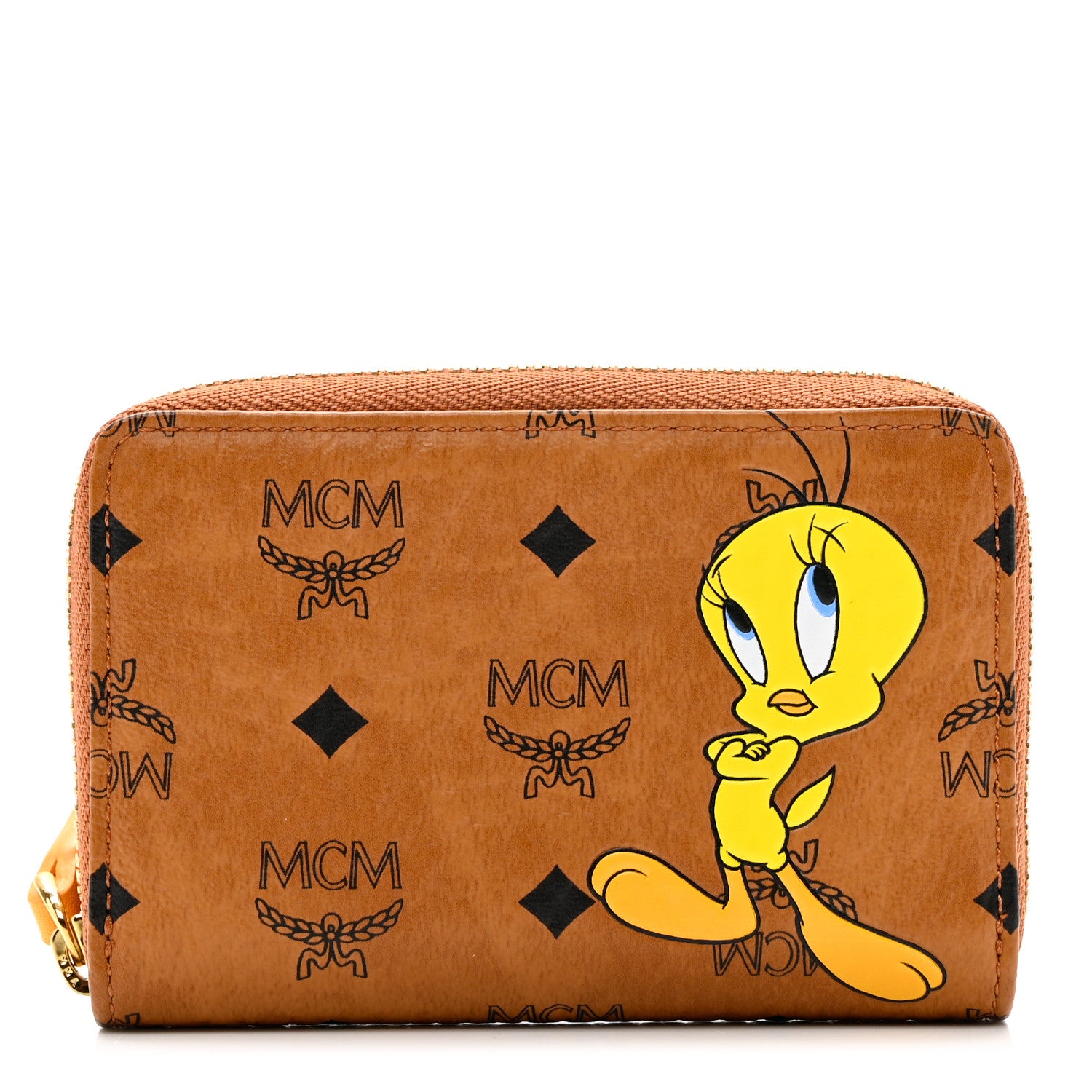 MCM X LOONEY TOONS Visetos Tweety X-Mini Zip Around Wallet Cognac 1 of 6