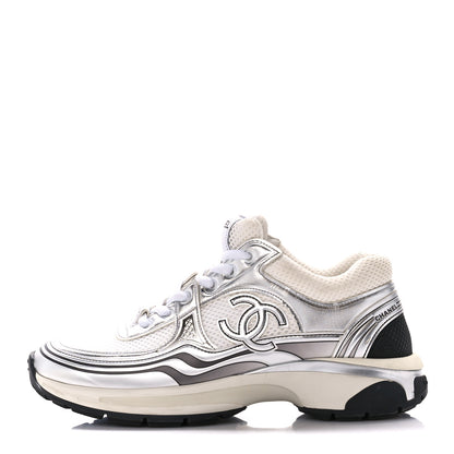 Chanel Fabric Laminated Calfskin Stretch CC Sneakers 39 White Silver 1 of 10