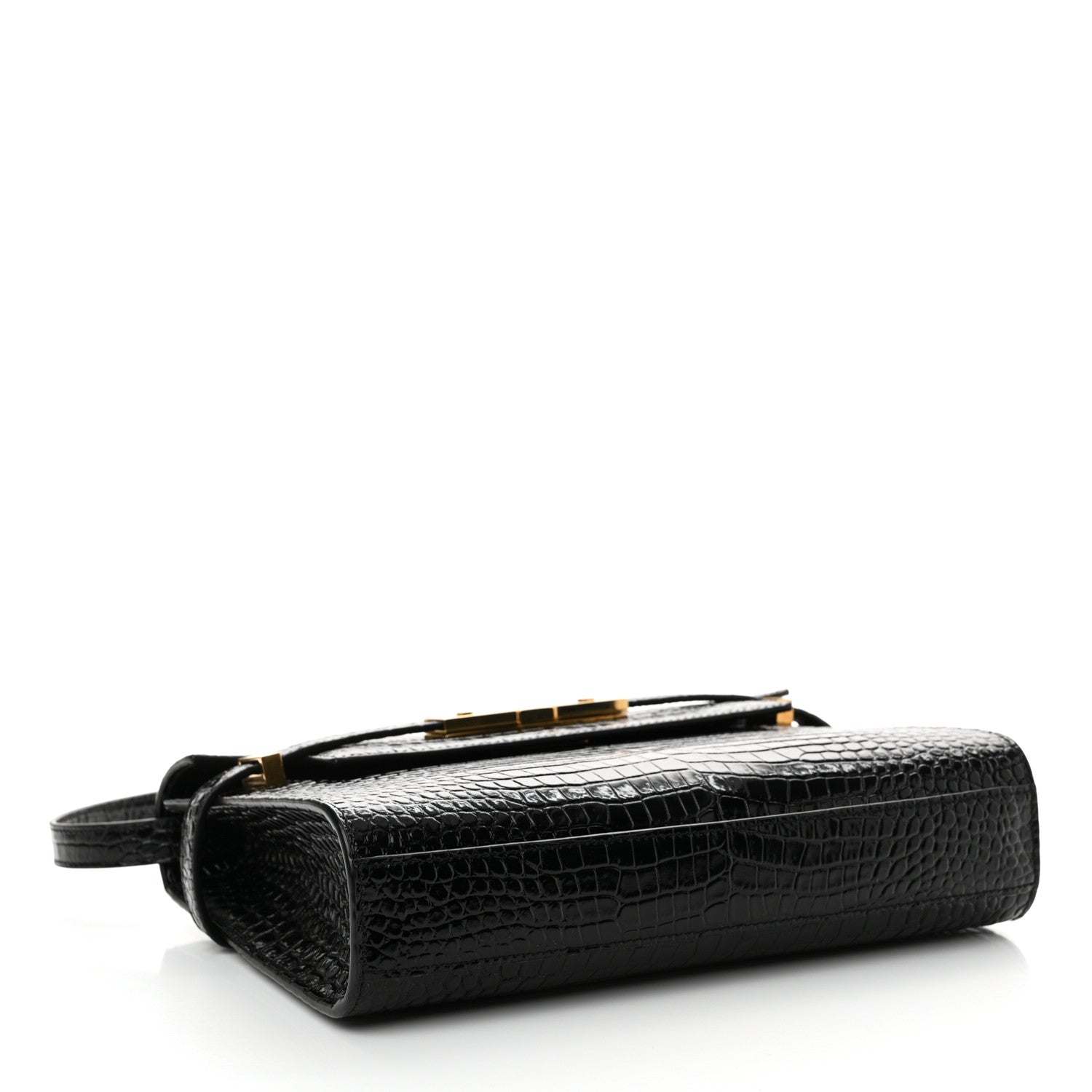 Saint Laurent Shiny Calfskin Crocodile Embossed Small Manhattan Baguette Black 4 of 11