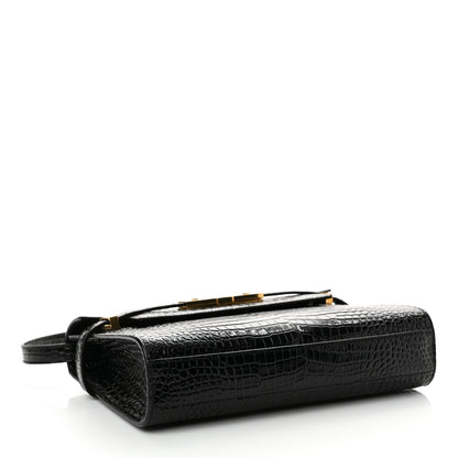 Saint Laurent Shiny Calfskin Crocodile Embossed Small Manhattan Baguette Black 4 of 11