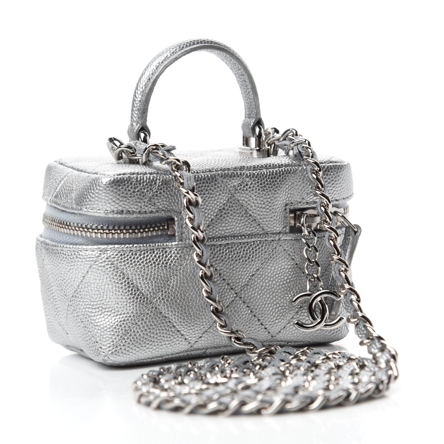 Metallic Caviar Quilted Mini Top Handle Vanity With Chain Silver