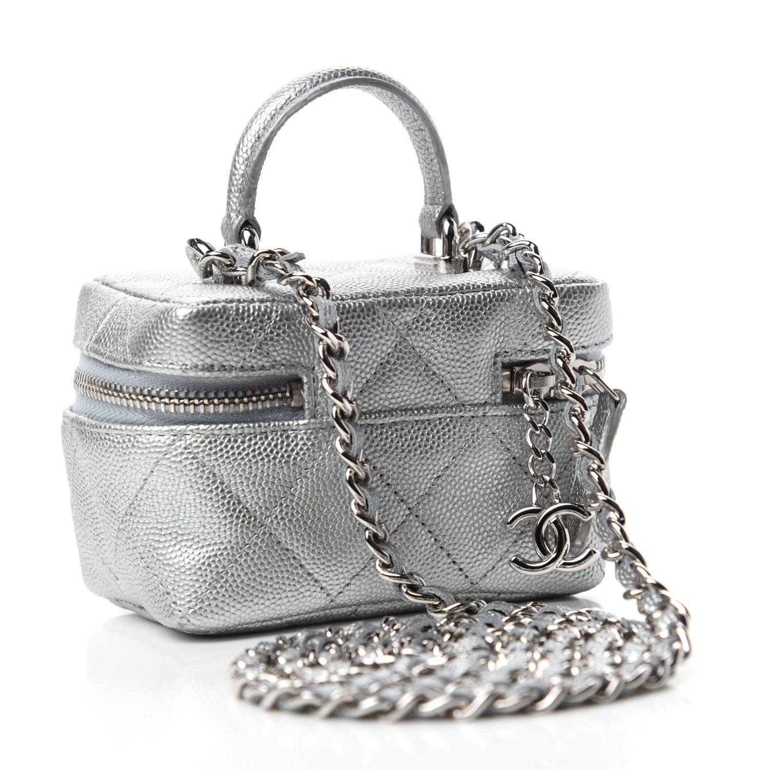 Chanel Metallic Caviar Quilted Mini Top Handle Vanity With Chain Silver 3 of 11