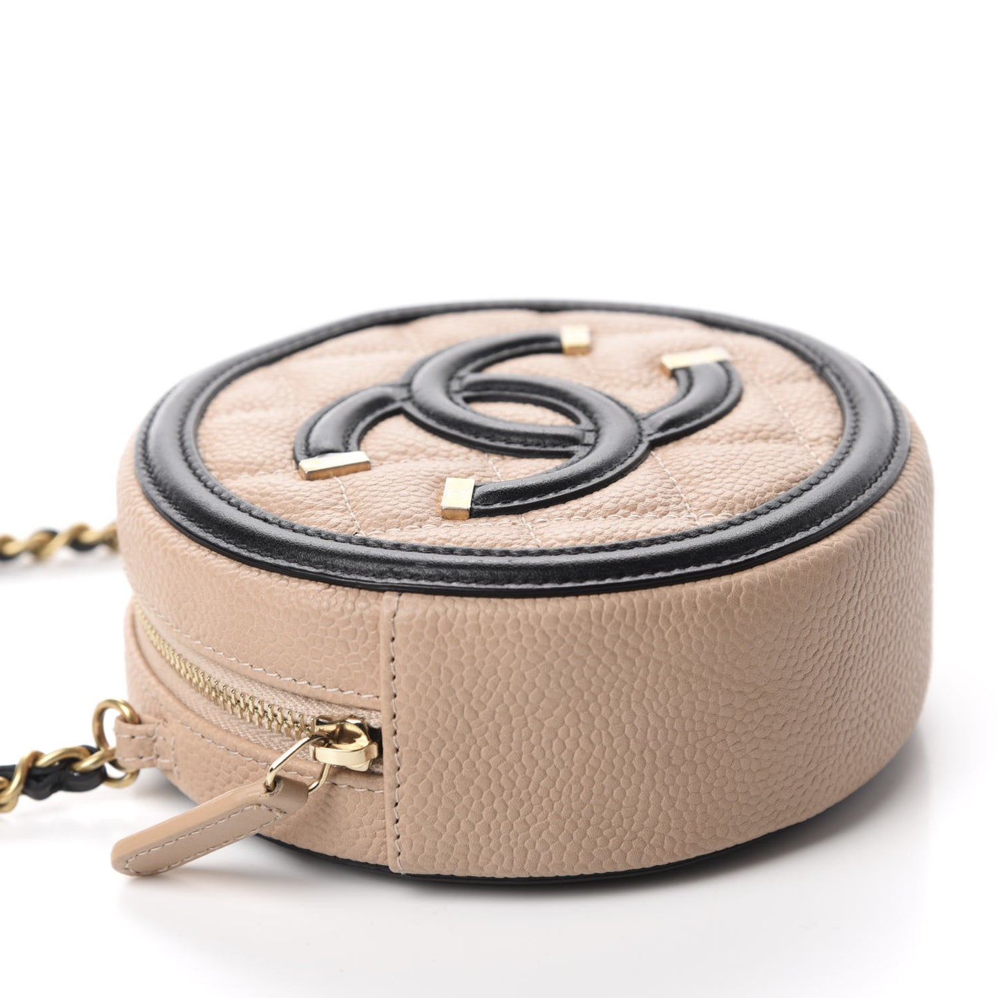 Caviar Quilted Round Filigree Crossbody Beige Black