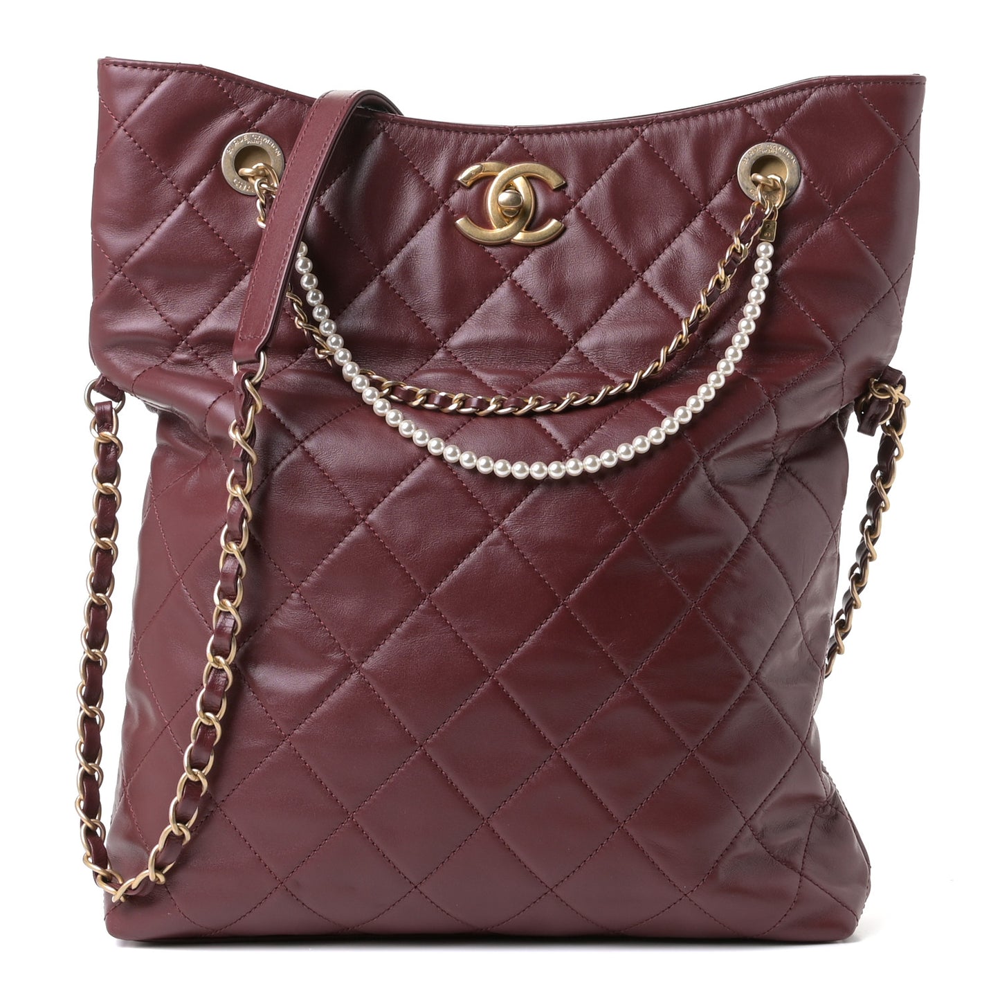 Calfskin Quilted Crystal Pearls Fold Over Shopping Tote Burgundy