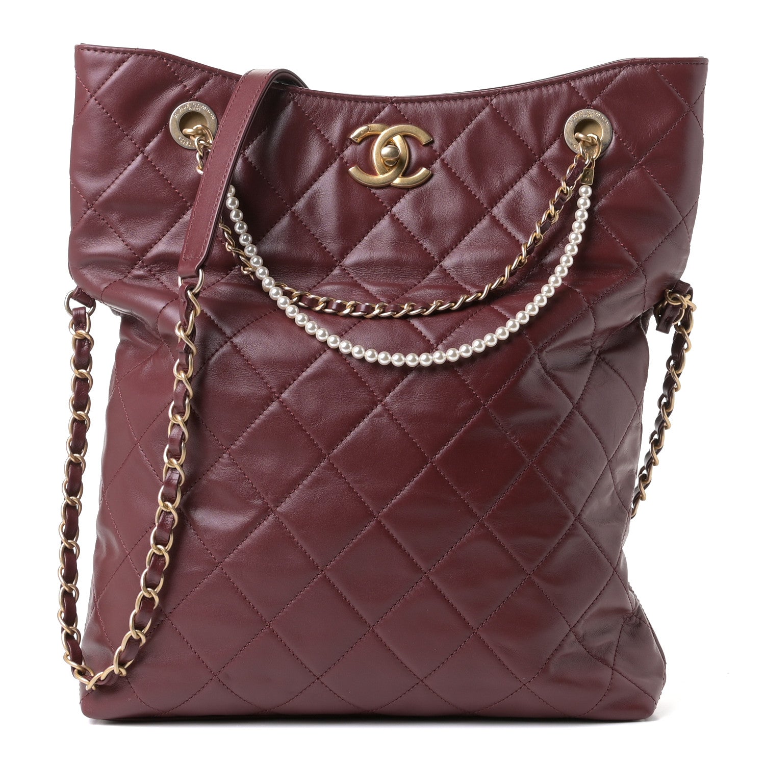 Chanel Calfskin Quilted Crystal Pearls Fold Over Shopping Tote Burgundy 1 of 4