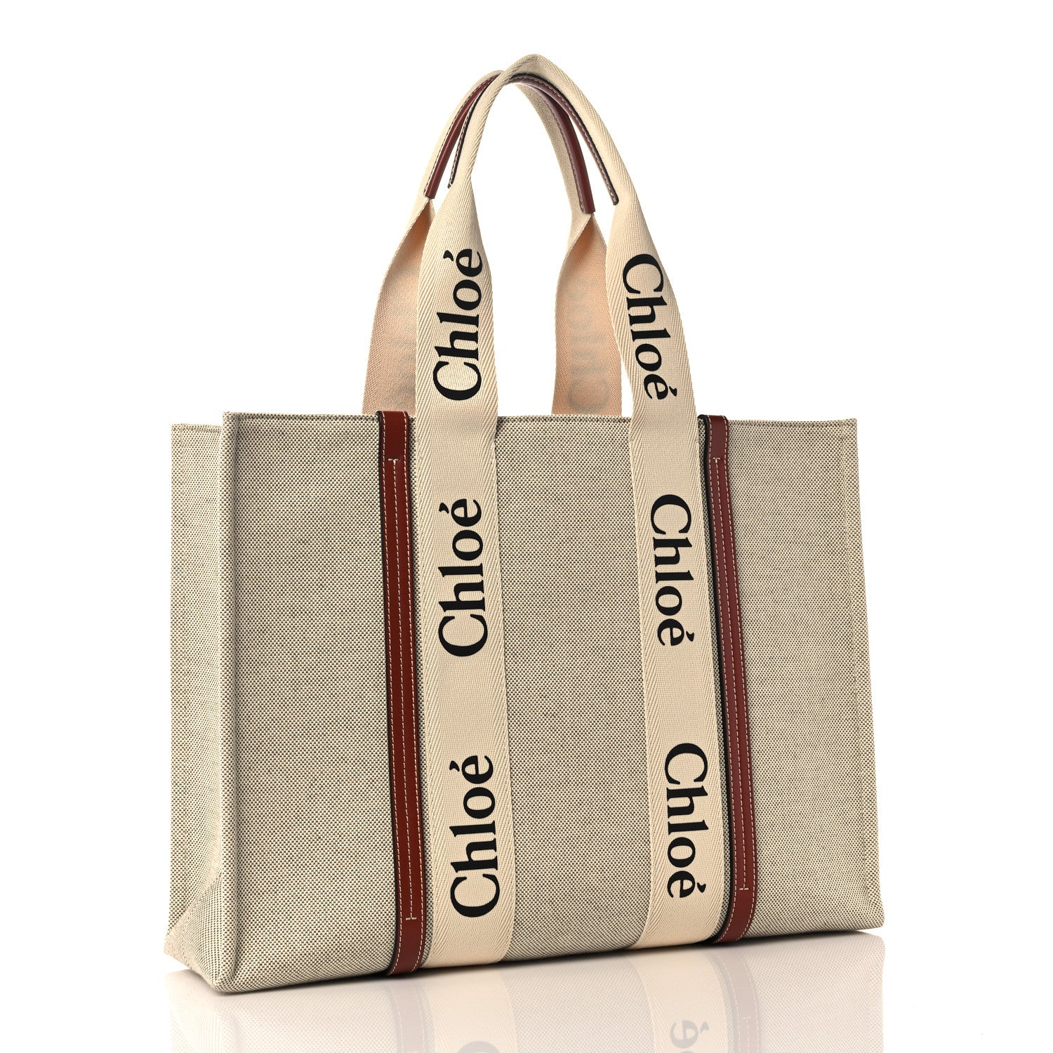 Chloe Cotton Calfskin Large Woody Ribbon Tote White Brown 3 of 12