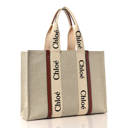 Chloe Cotton Calfskin Large Woody Ribbon Tote White Brown 3 of 12