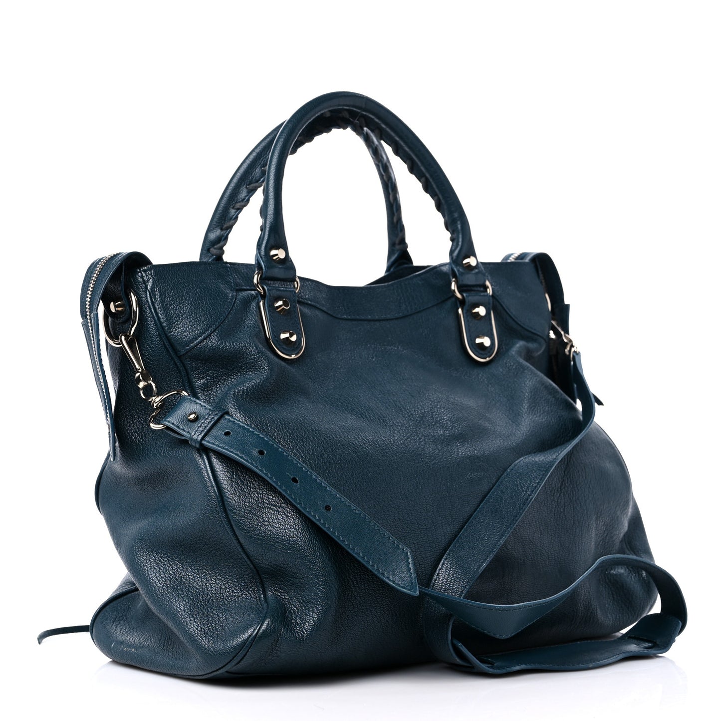Chevre Silver Metallic Edge Hardware Velo Bleu Paon