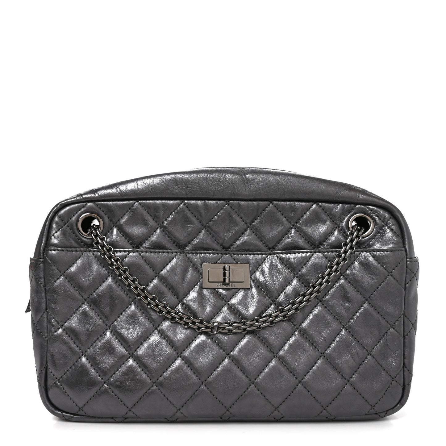 Metallic Aged Calfskin Quilted Medium Reissue Camera Case Dark Silver
