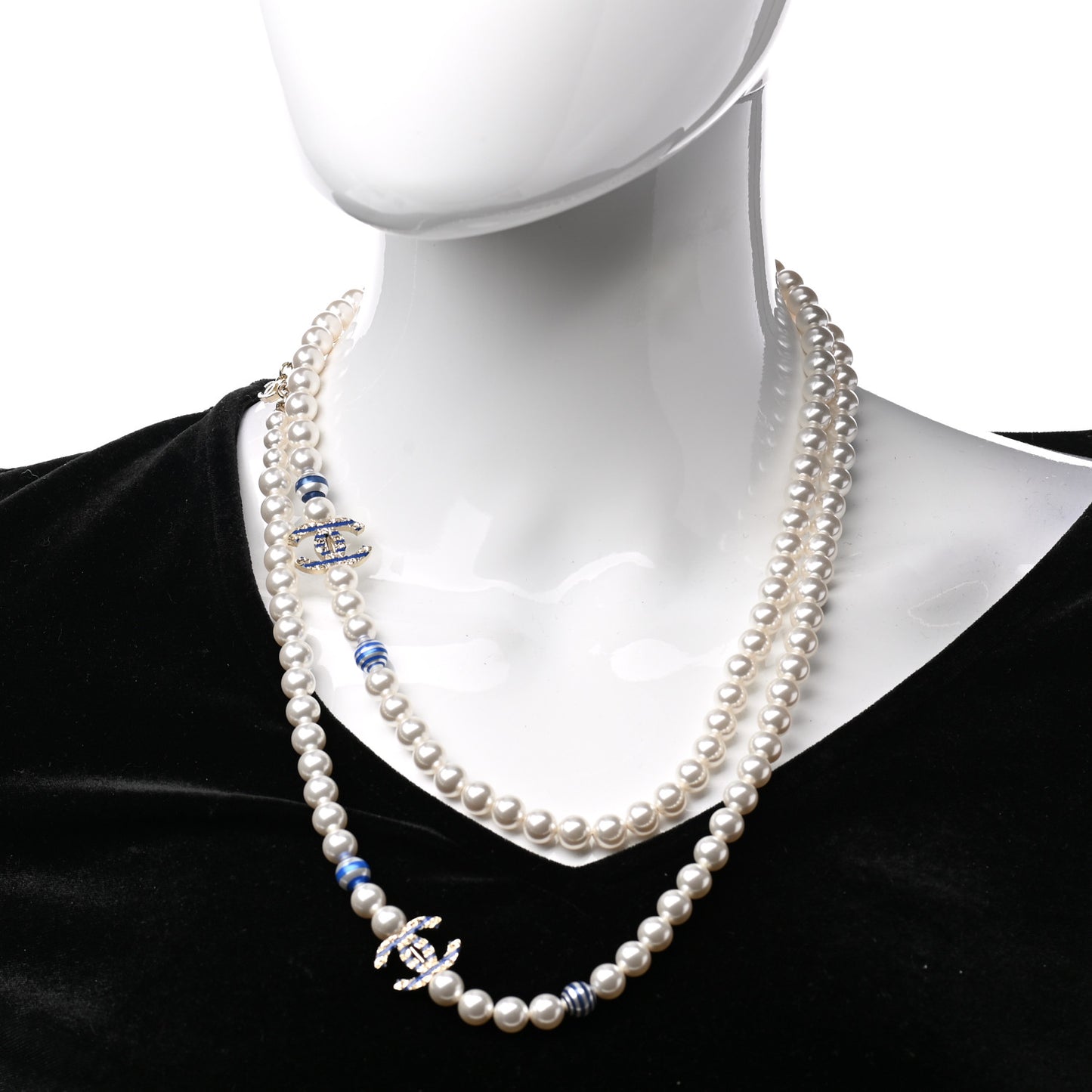 Resin Pearl Striped CC Long Necklace Blue Gold