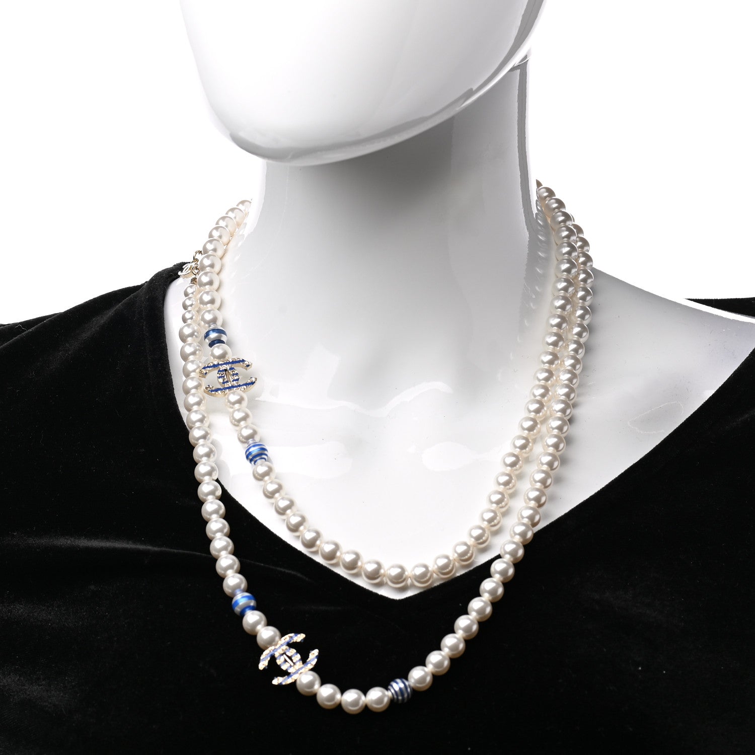 Chanel Resin Pearl Striped CC Long Necklace Blue Gold 2 of 5