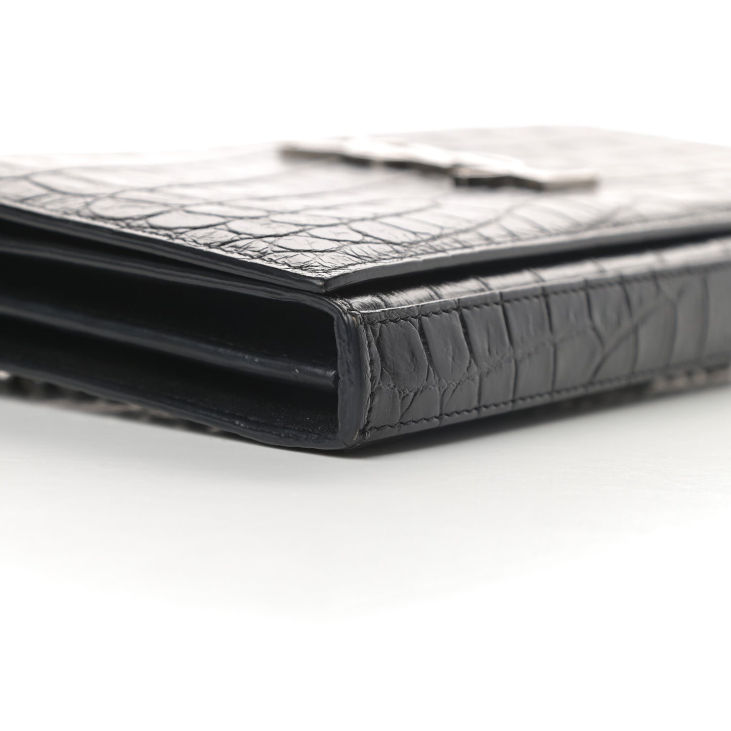 Calfskin Crocodile Embossed Monogram Chain Wallet Black