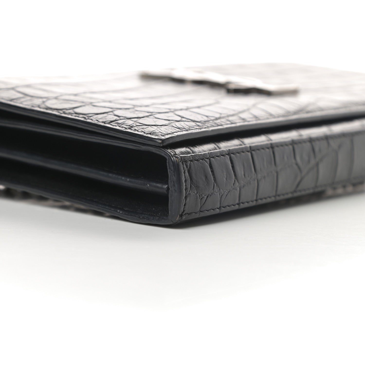 Saint Laurent Calfskin Crocodile Embossed Monogram Chain Wallet Black 10 of 14