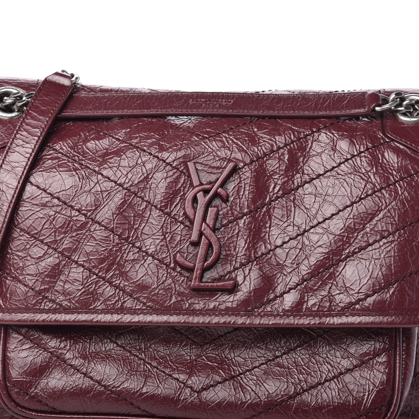 Crinkled Calfskin Matelasse Monogram Medium Niki Chain Satchel Burgundy