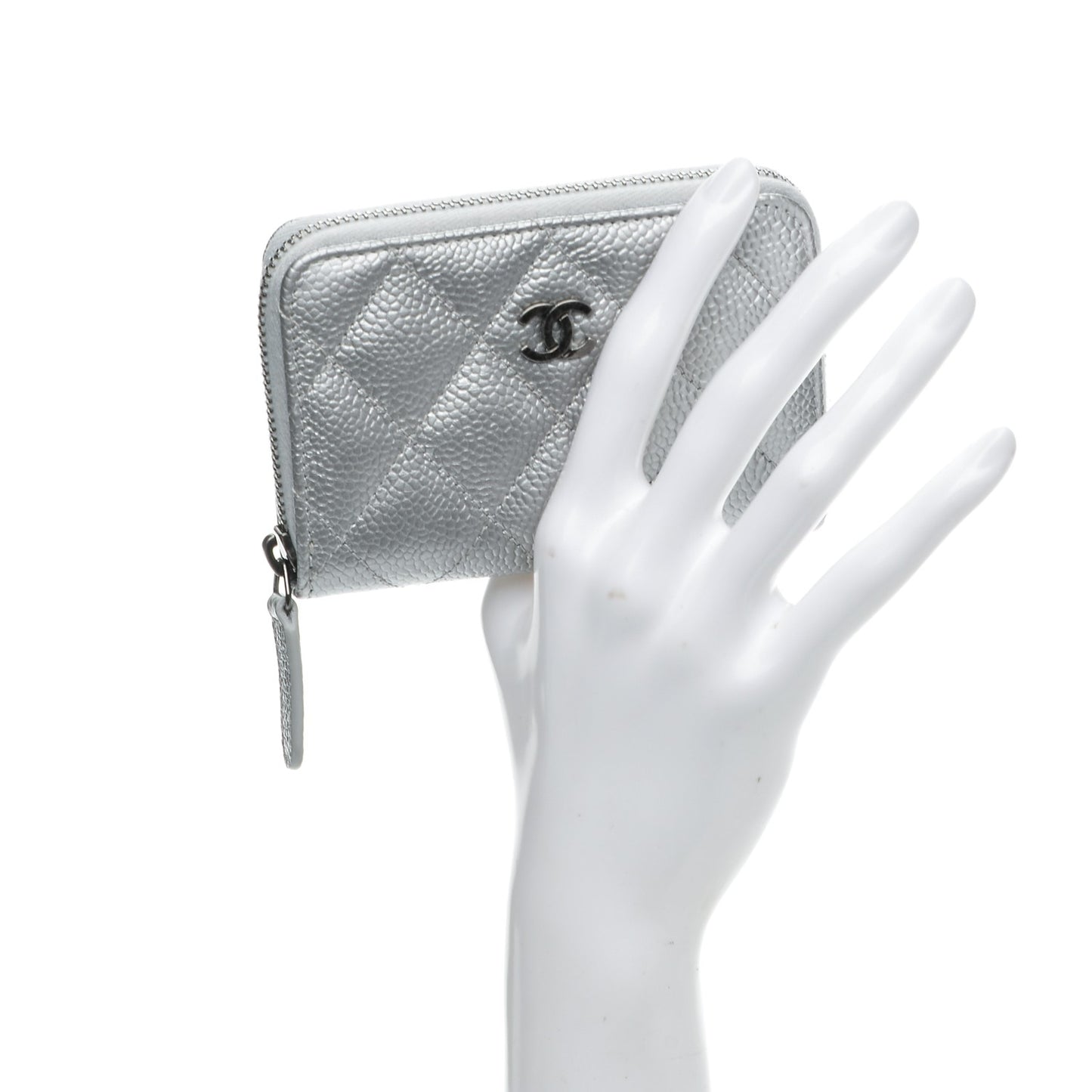 Metallic Caviar Quilted Zip Coin Purse Silver
