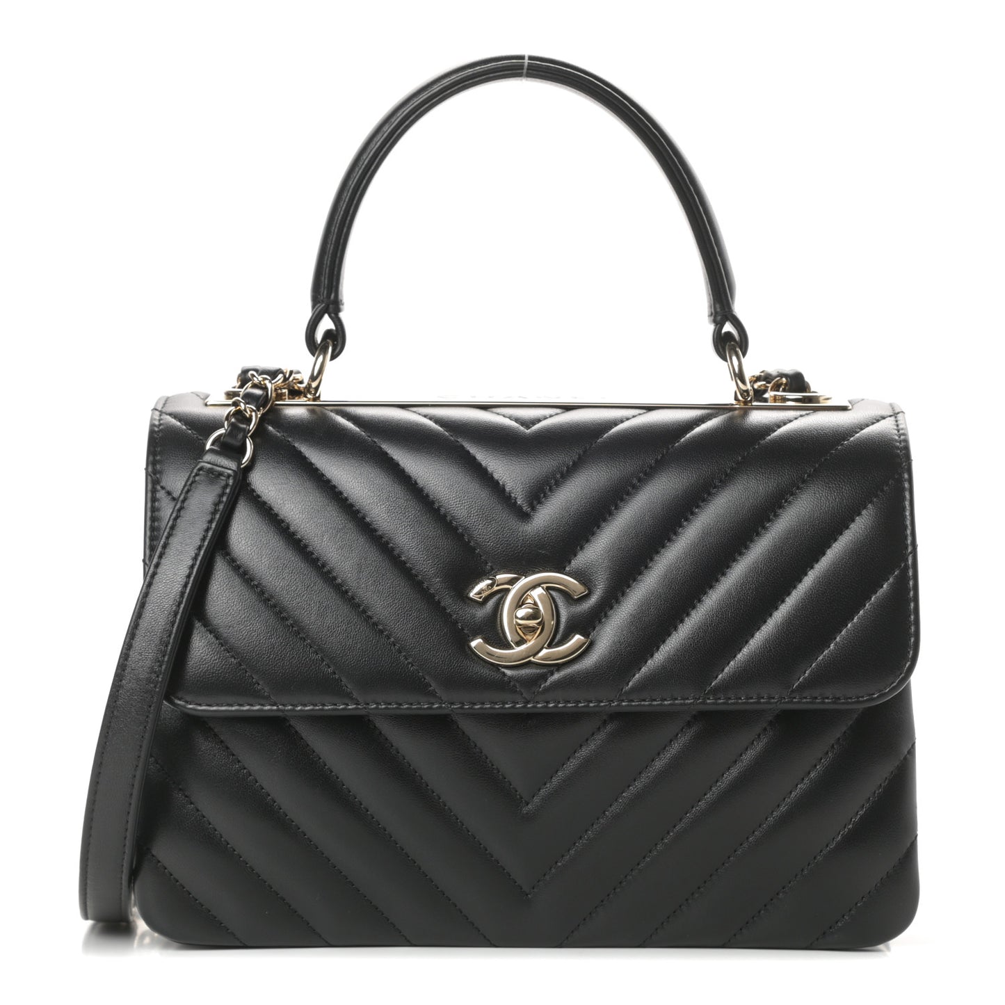 Lambskin Chevron Quilted Small Trendy CC Dual Handle Flap Bag Black