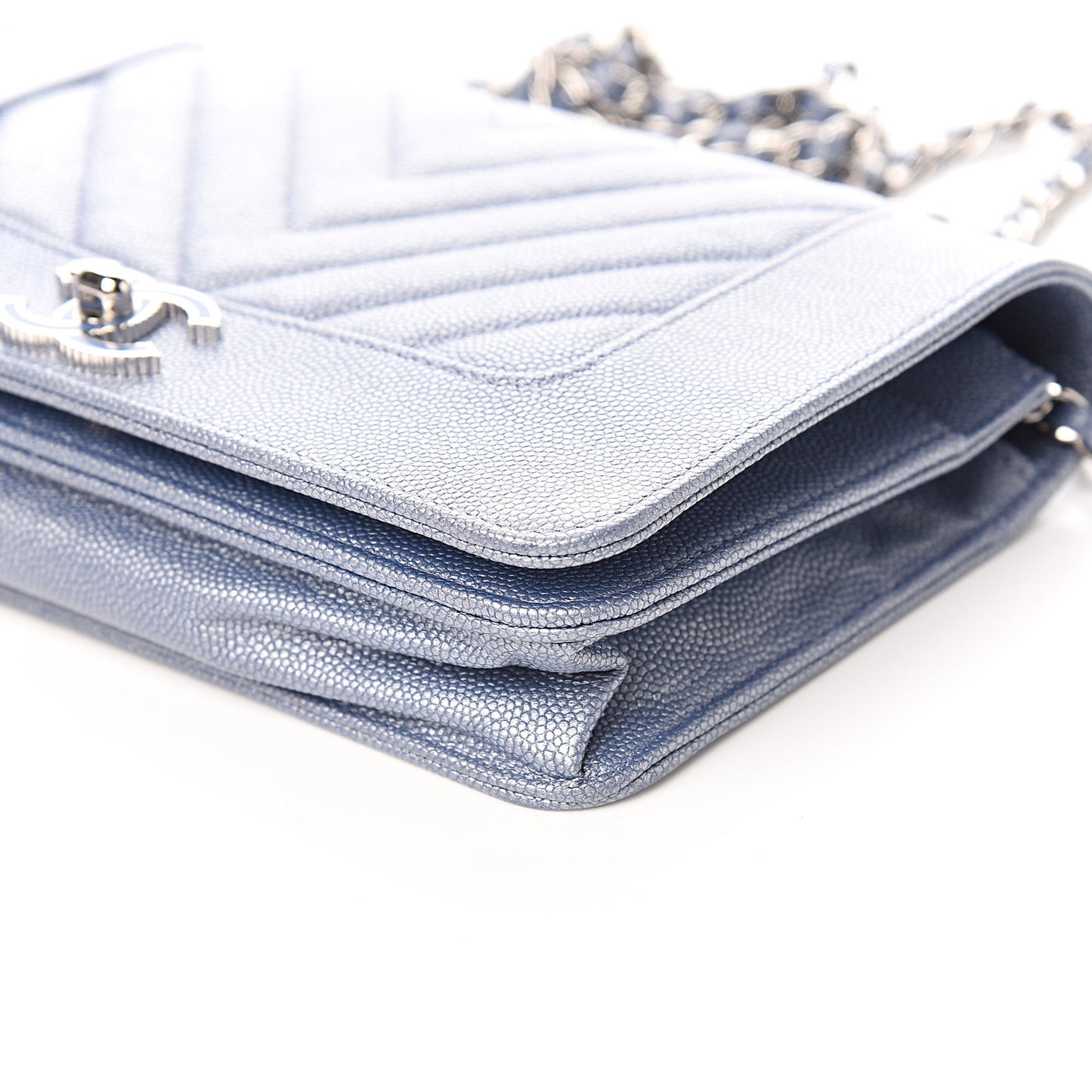 Metallic Caviar Chevron Quilted Vintage Mademoiselle Wallet On Chain WOC Blue