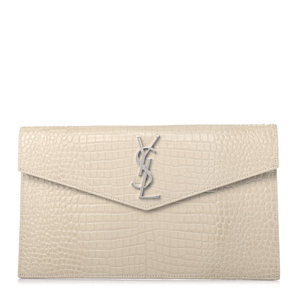 Saint Laurent Calfskin Crocodile Embossed Uptown Monogram Pouch Crema Soft 1 of 4