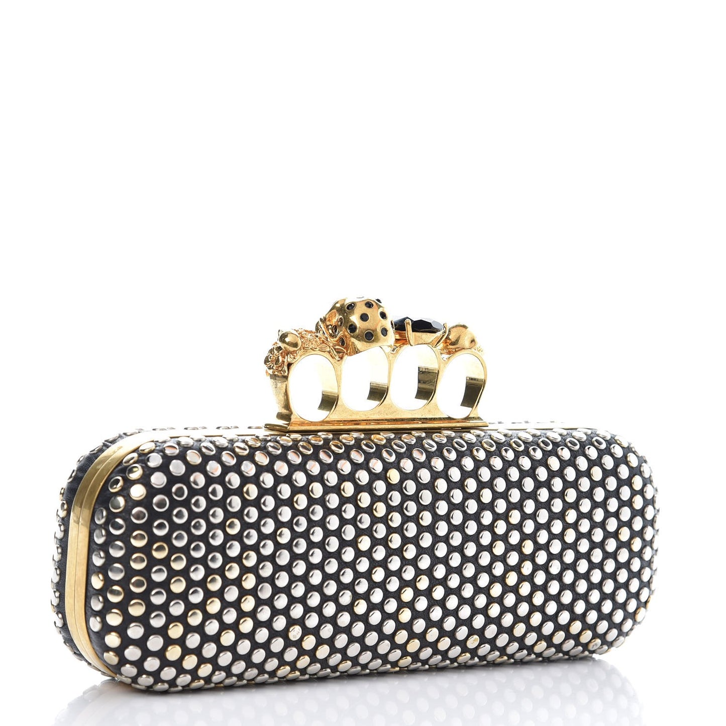 Lambskin Studded Skull Knuckle Box Clutch Black