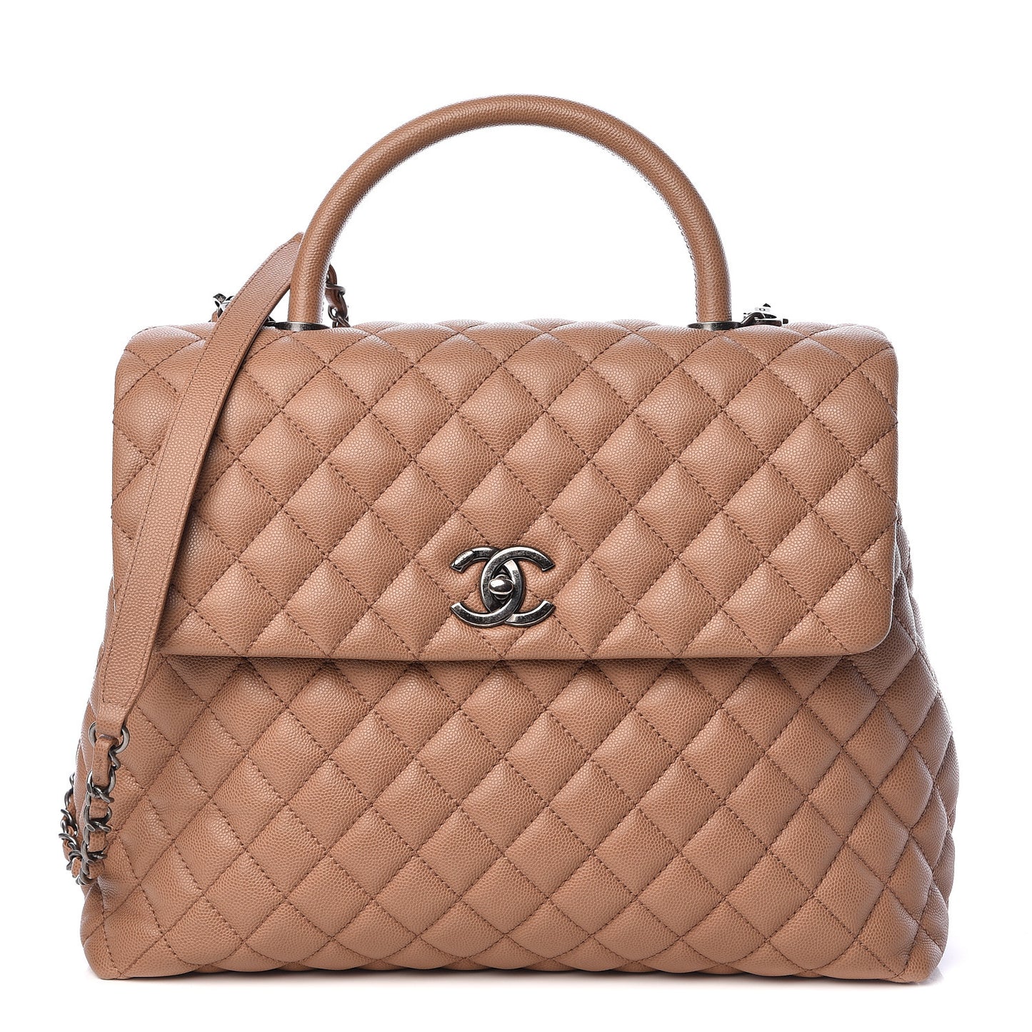Caviar Quilted Large Coco Handle Flap Beige